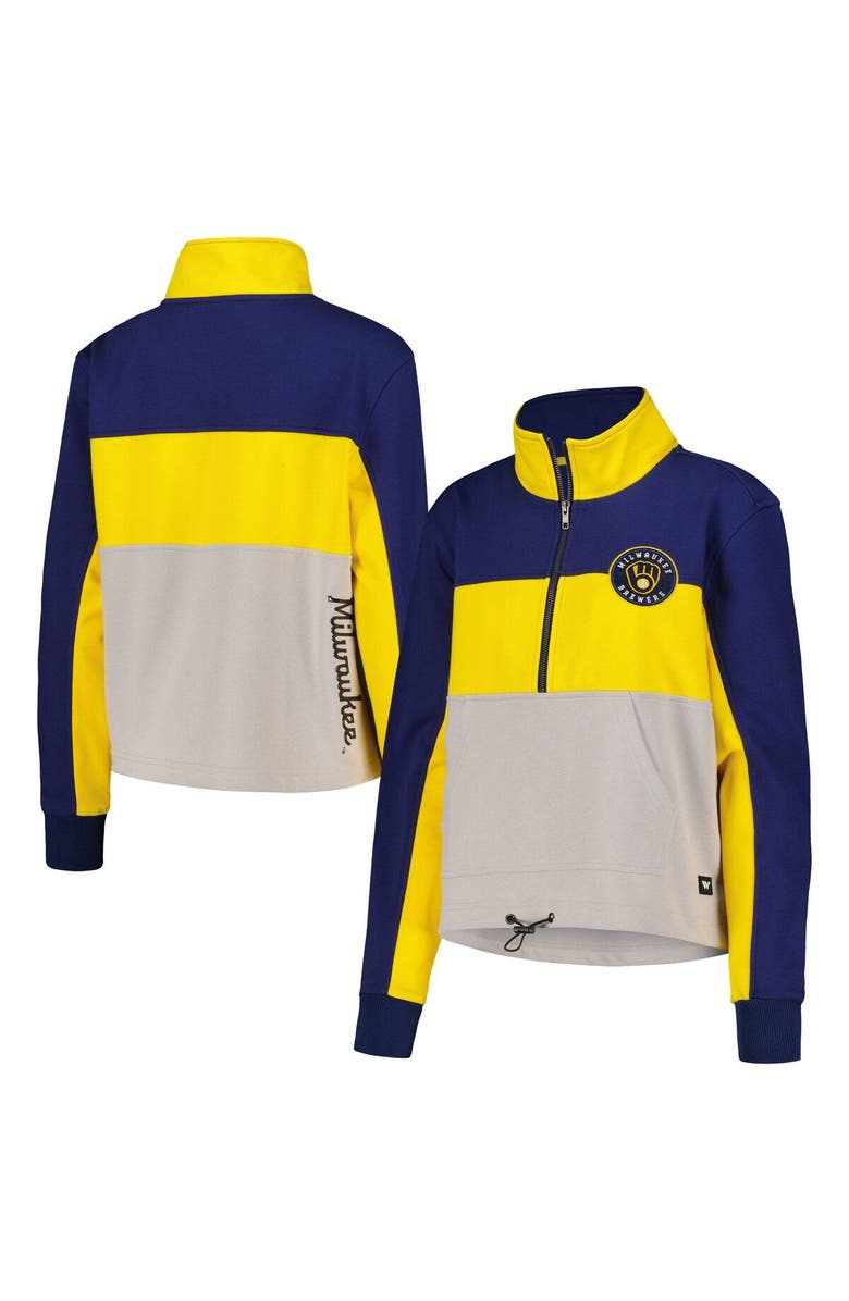 THE WILD COLLECTIVE Women's The Wild Collective Navy/Gold Milwaukee Brewers Women's Colorblock 1/4 Zip Jacket, Main, color, 