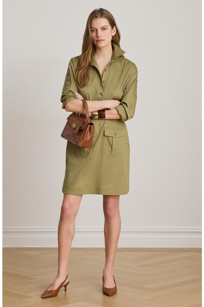 Lace-Up Trim Long Sleeve Shirtdress, Alternate, color, LIGHT AGAVE GREEN