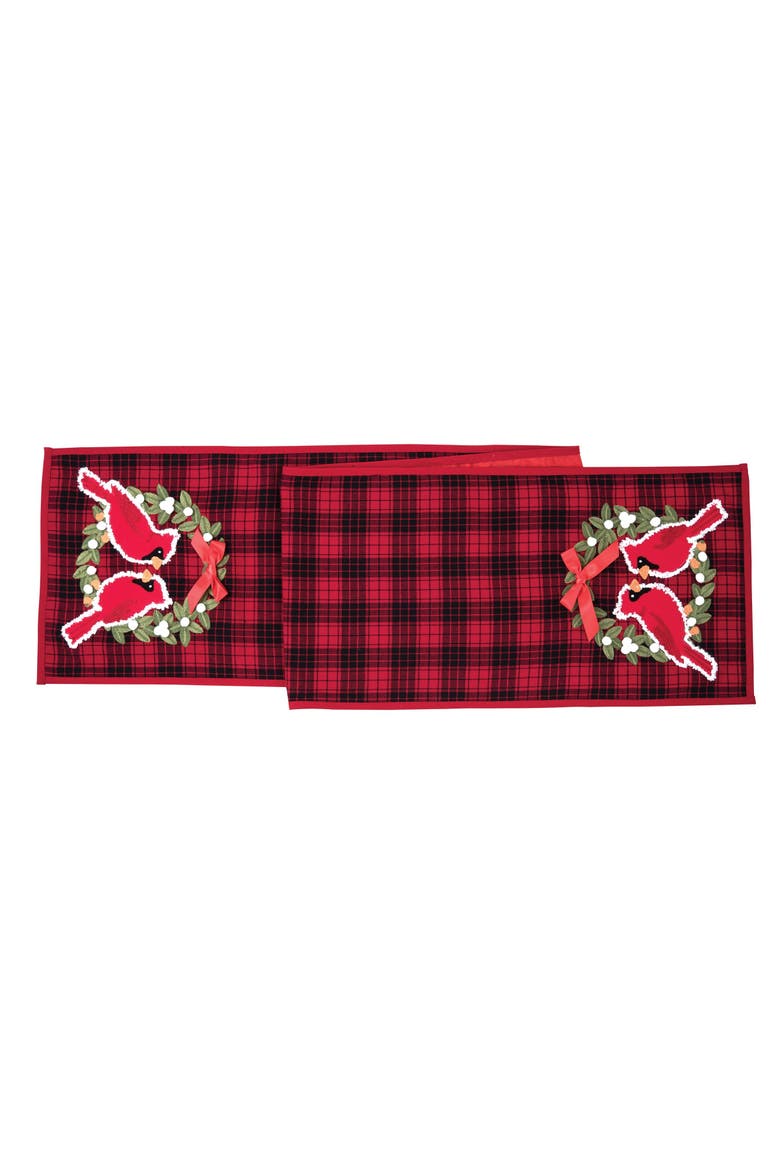 Cardinals Sitting on Wreath Red & Black Plaid 100% Cotton Christmas Table Runner 13" x 72", Main, color, Red