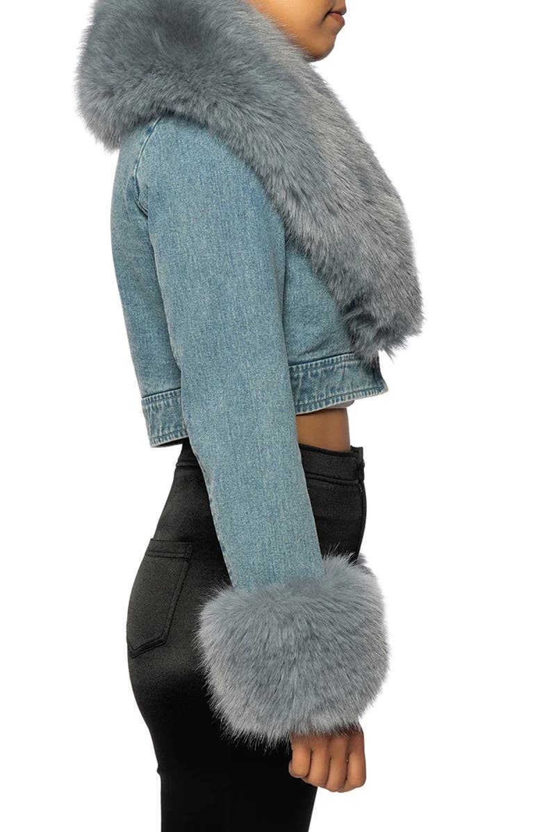 AZALEA WANG Denim Trucker Jacket with Faux Fur Cuffs & Removable Faux Fur Collar, Alternate, color, Blue