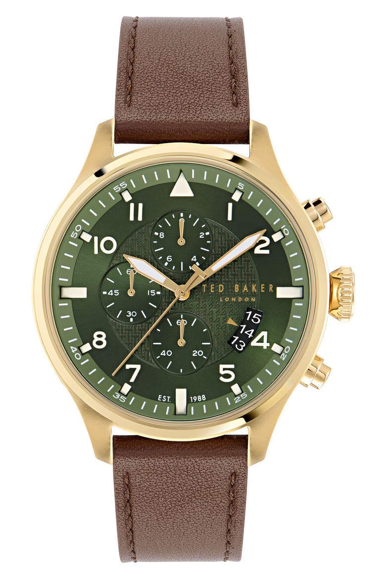 Fulmaar Chronograph Leather Strap Watch, 44mm, Main, color, BROWN/ GREEN