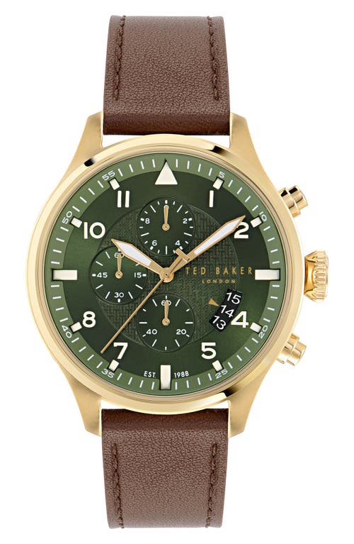 Ted Baker Fulmaar Chronograph Leather Strap Watch, 44mm In Brown/green