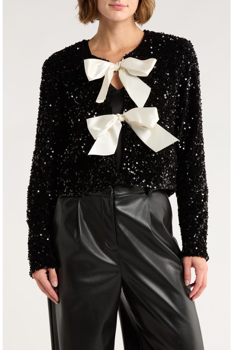 Satin Bow Sequin Jacket, Main, color, BLACK
