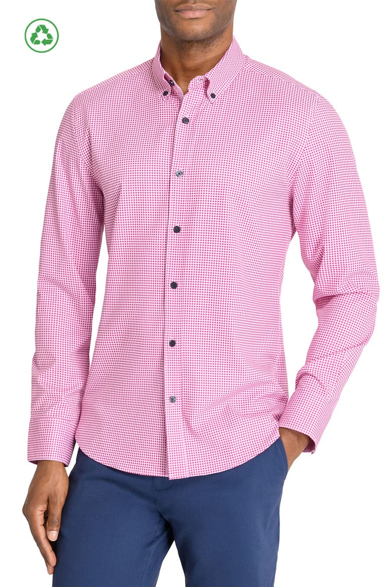 Slim Fit Micro Plaid Recycled 4-Way Stretch Performance Long Sleeve Shirt, Main, color, PINK