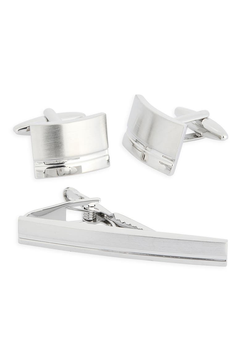 Curve Cuff Links & Tie Bar Set, Main, color, SILVER