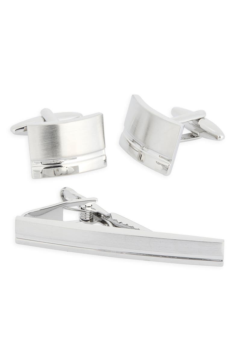 James Michael Curve Cuff Links & Tie Bar Set, Main, color, Silver