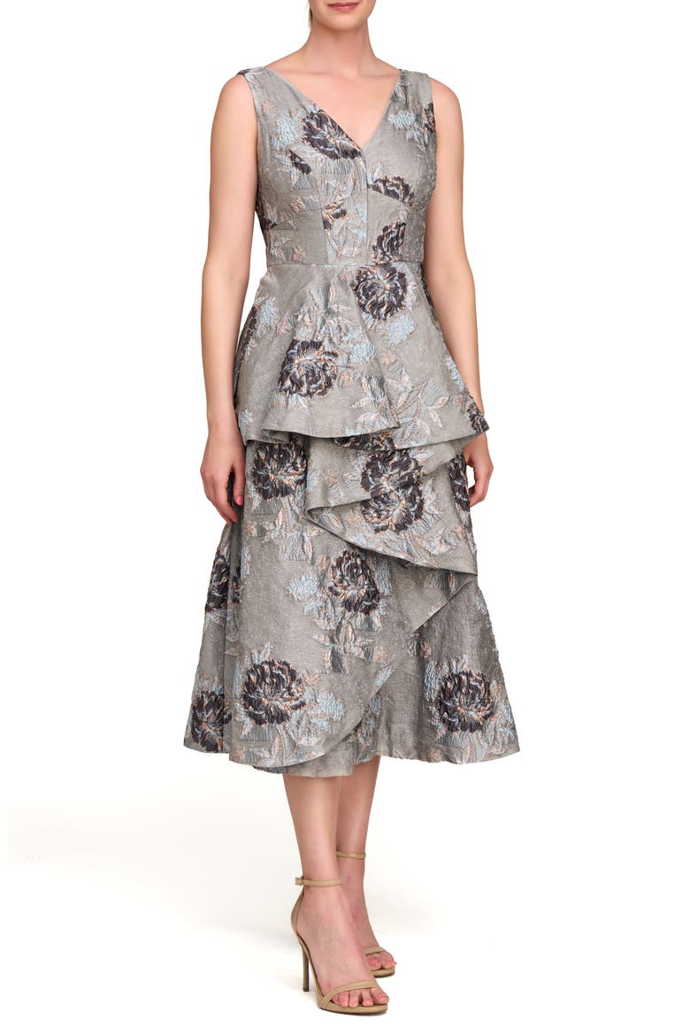 Elsie Metallic Floral Jacquard Ruffle Dress, Main, color, GREY