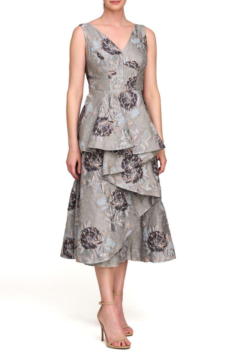 Kay Unger Elsie Metallic Floral Jacquard Ruffle Dress, Main, color, Grey