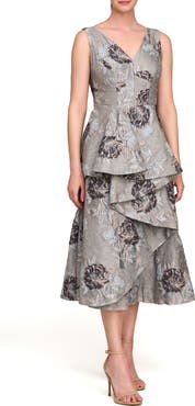 Kay Unger Elsie Metallic Floral Jacquard Ruffle Dress