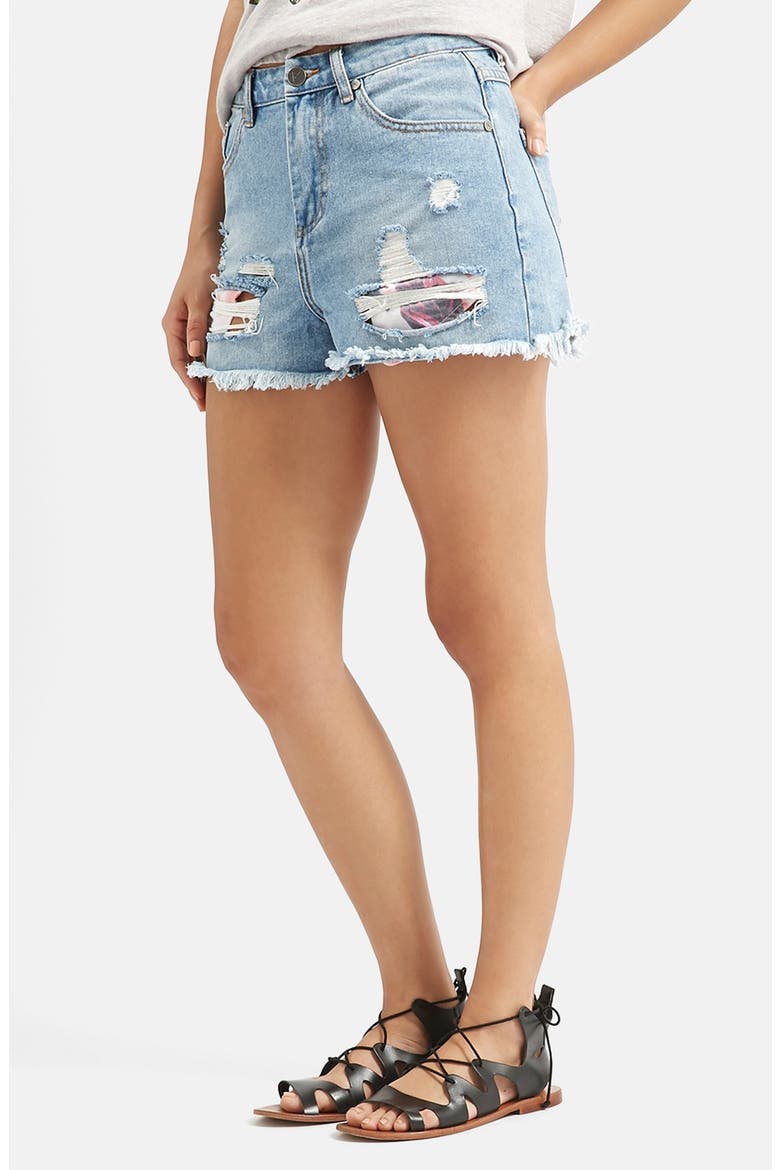 KENDALL + KYLIE at Topshop High Rise Denim Shorts, Main, color, BLUE