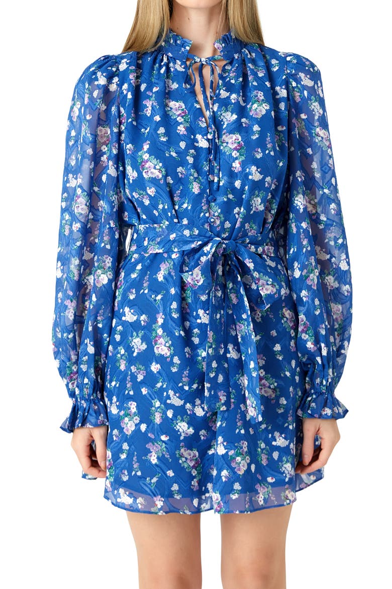 Floral Long Sleeve Chiffon Minidress, Alternate, color, BLUE