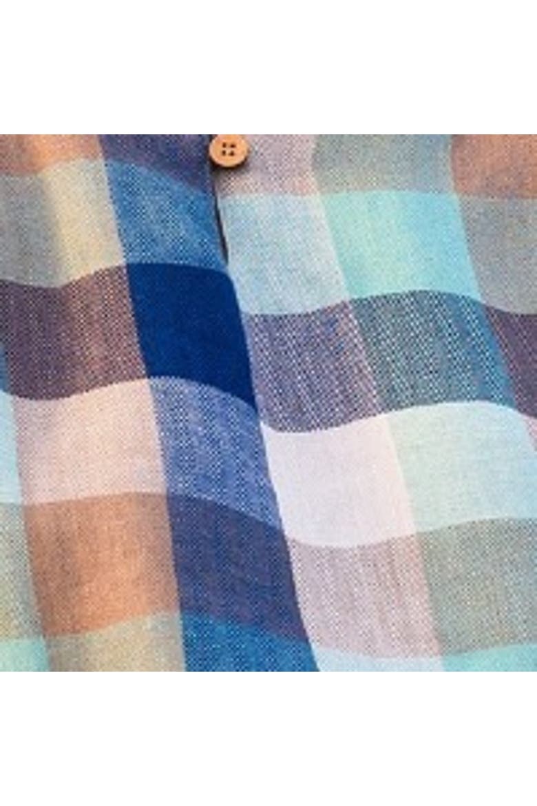 Button Detail Short Sleeve Linen Blouse, Alternate, color, SEA GLASS CHECK