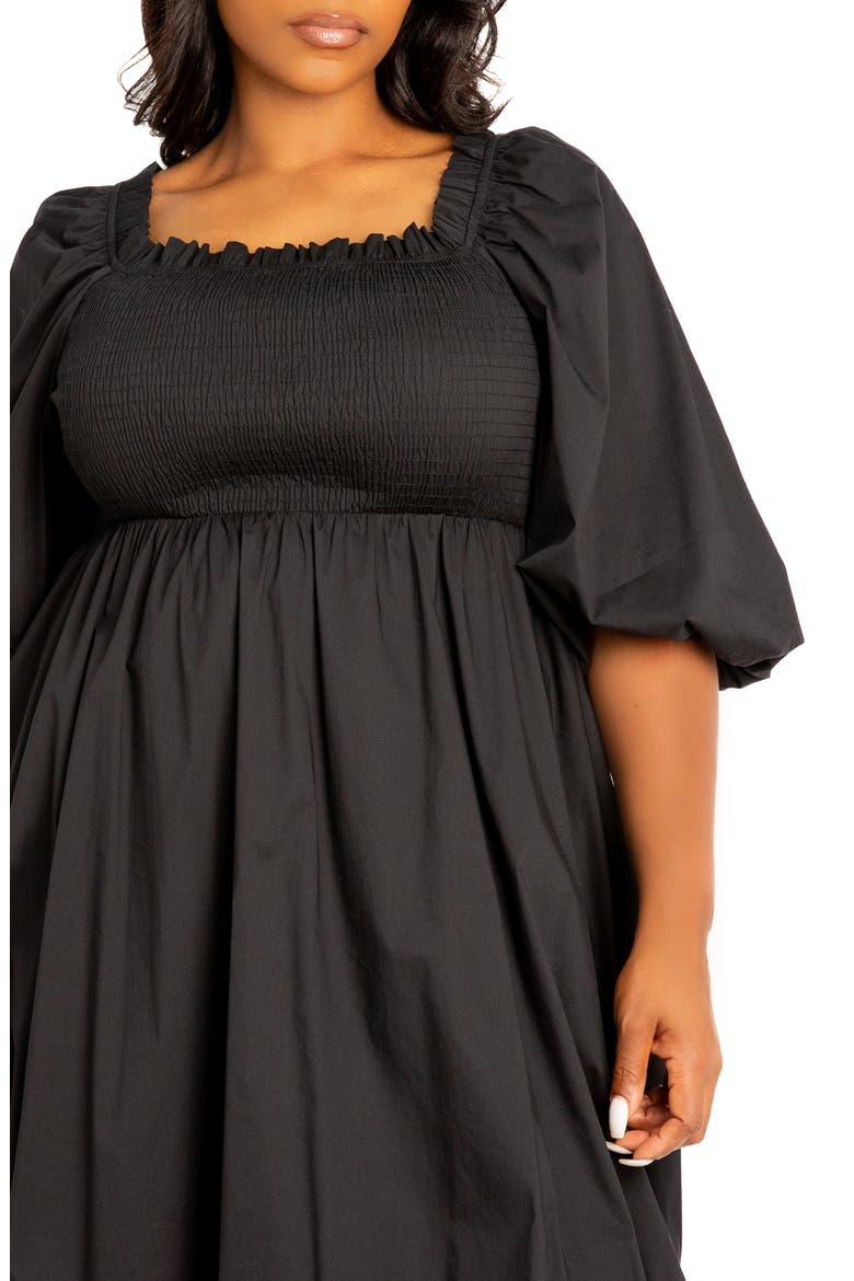 Smocked Puff Sleeve Cotton Blend Dress, Alternate, color, BLACK