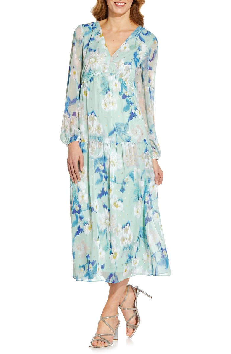 Adrianna Papell Floral Long Sleeve Chiffon Dress, Main, color, 