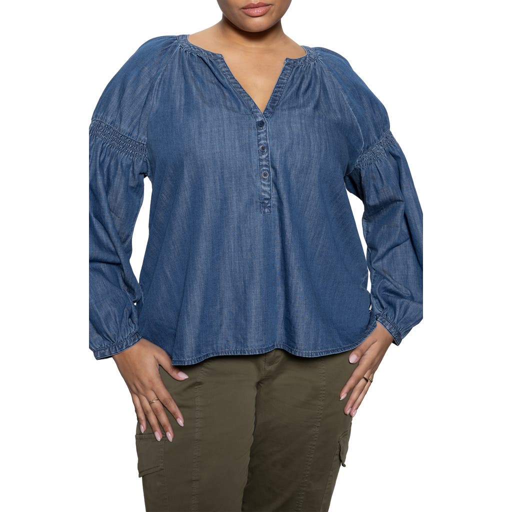 Sanctuary Sundays Best Smocked Sleeve Denim Top In Blue
