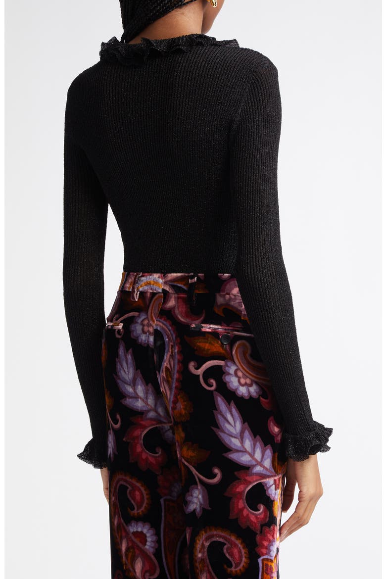 Ruffle Trim Glitter Rib Top, Alternate, color, BLACK