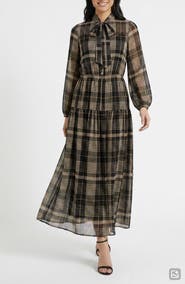 London Times Tie Neck Long Sleeve Chiffon Maxi Dress