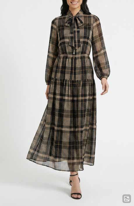 Tie Neck Long Sleeve Chiffon Maxi Dress