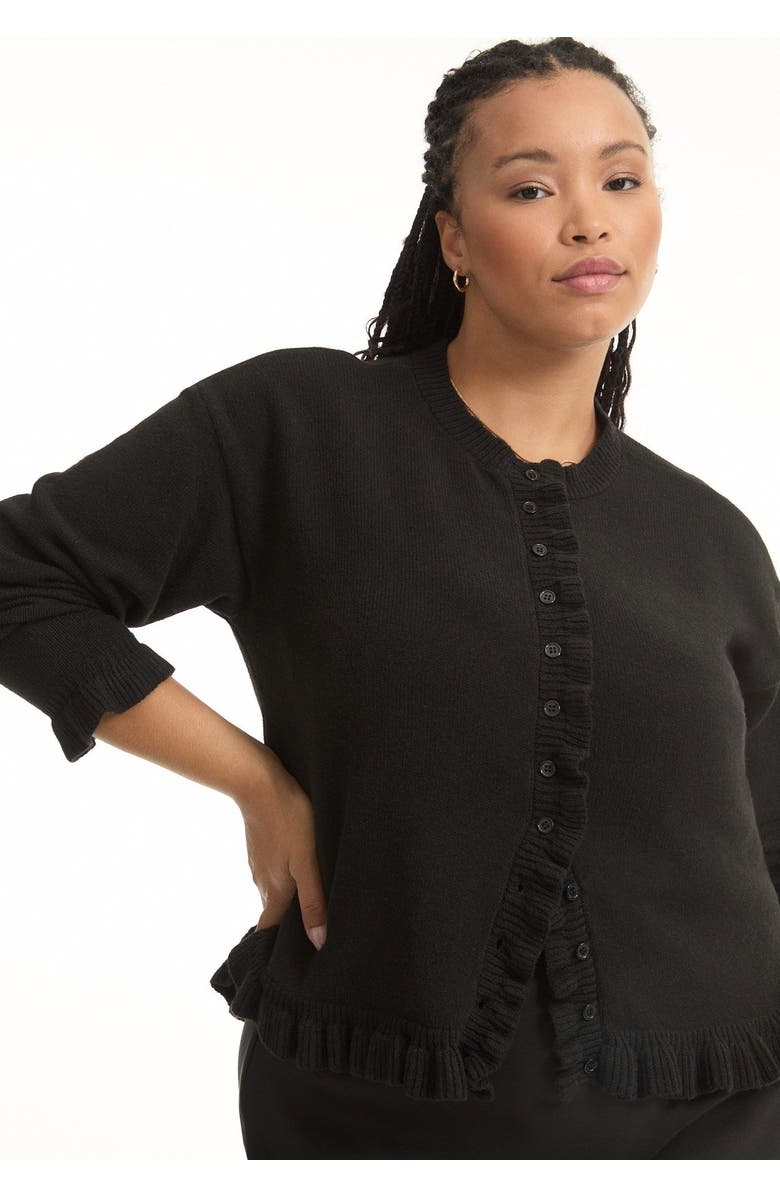 June + Vie Ruffle Hem Buttoned Sweater, Alternate, color, Black Onyx