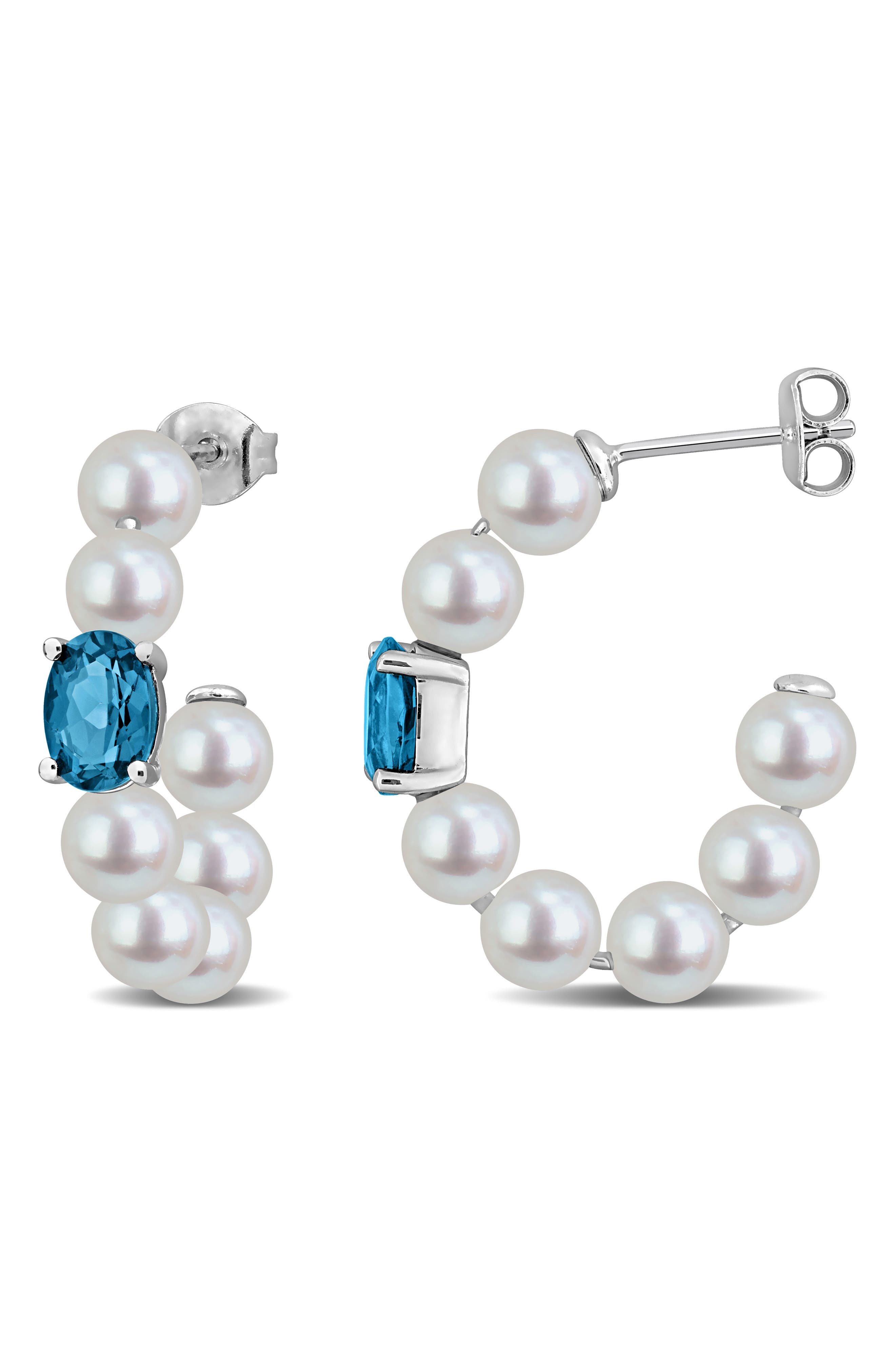 Sterling Silver Blue Topaz & Imitation Pearl Hoop Earrings
