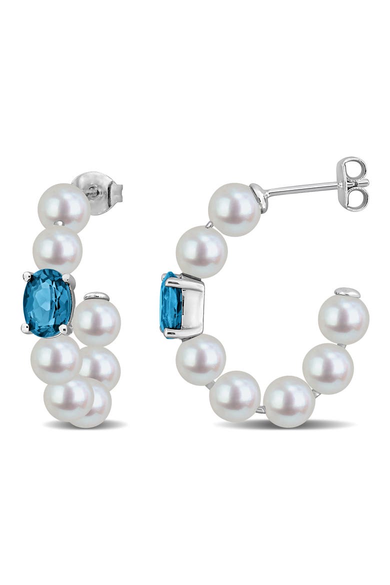 Sterling Silver Blue Topaz & Imitation Pearl Hoop Earrings, Main, color, BLUE