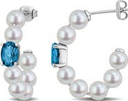 DELMAR Sterling Silver Blue Topaz & Imitation Pearl Hoop Earrings
