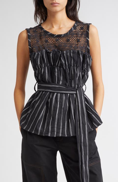 Bobbin Lace Yoke Stripe Belted Top