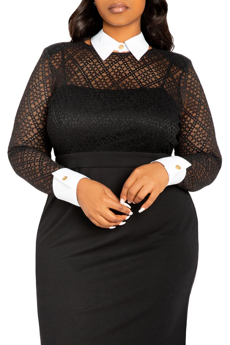 Lace Collar Long Sleeve Midi Dress, Alternate, color, BLACK