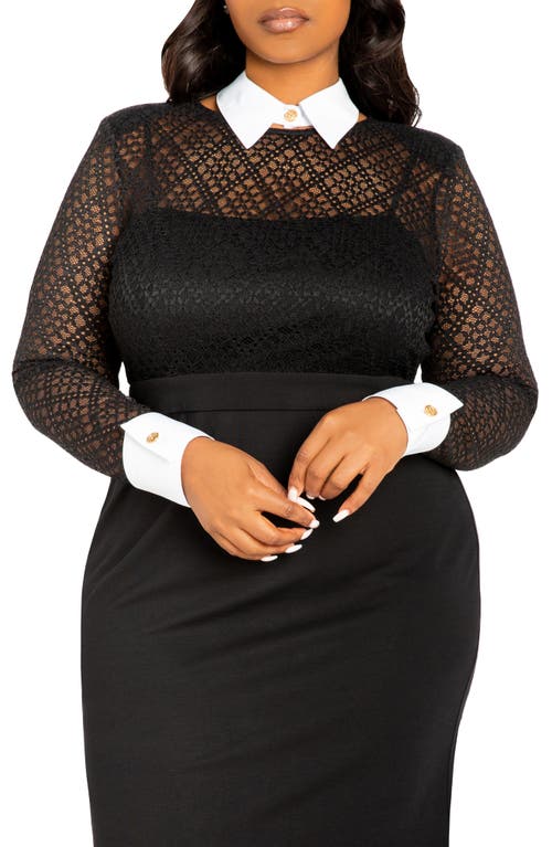 Buxom Couture Lace Collar Long Sleeve Midi Dress In Black