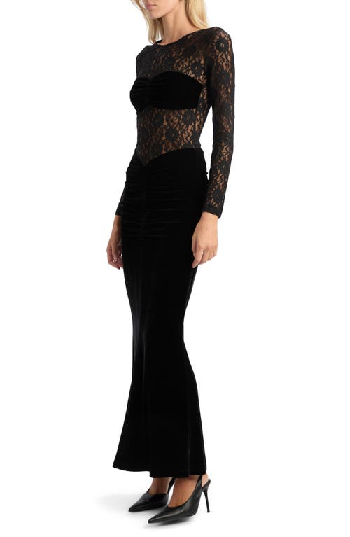 Bardot Helenie Long-sleeve Stretch Velvet Lace Maxi Dress In Black