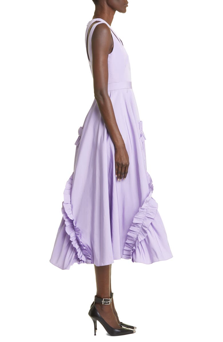 McQueen Shoulder Cutout Ruffle Faille Midi Dress, Alternate, color,