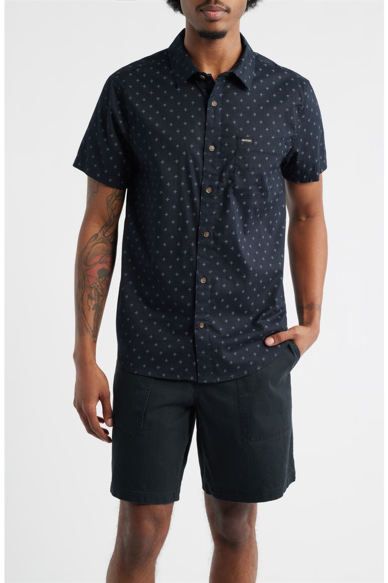 Charter Print Short Sleeve Button-Up Shirt, Main, color, BLACK/FUTURE GREY DIAMOND TILE