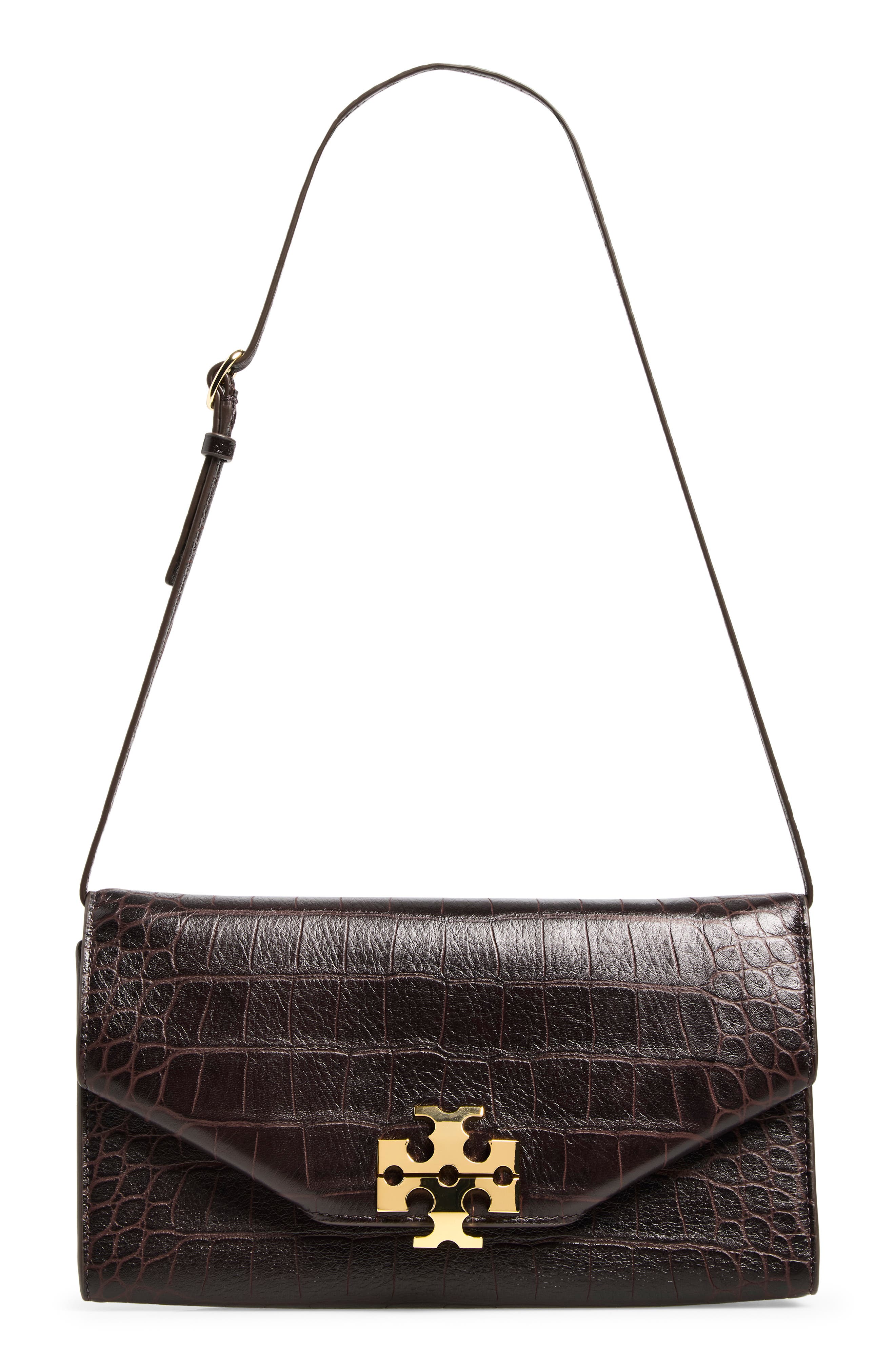 Charlie Croc Embossed Leather Envelope Clutch, Main, color, DARK BROWN