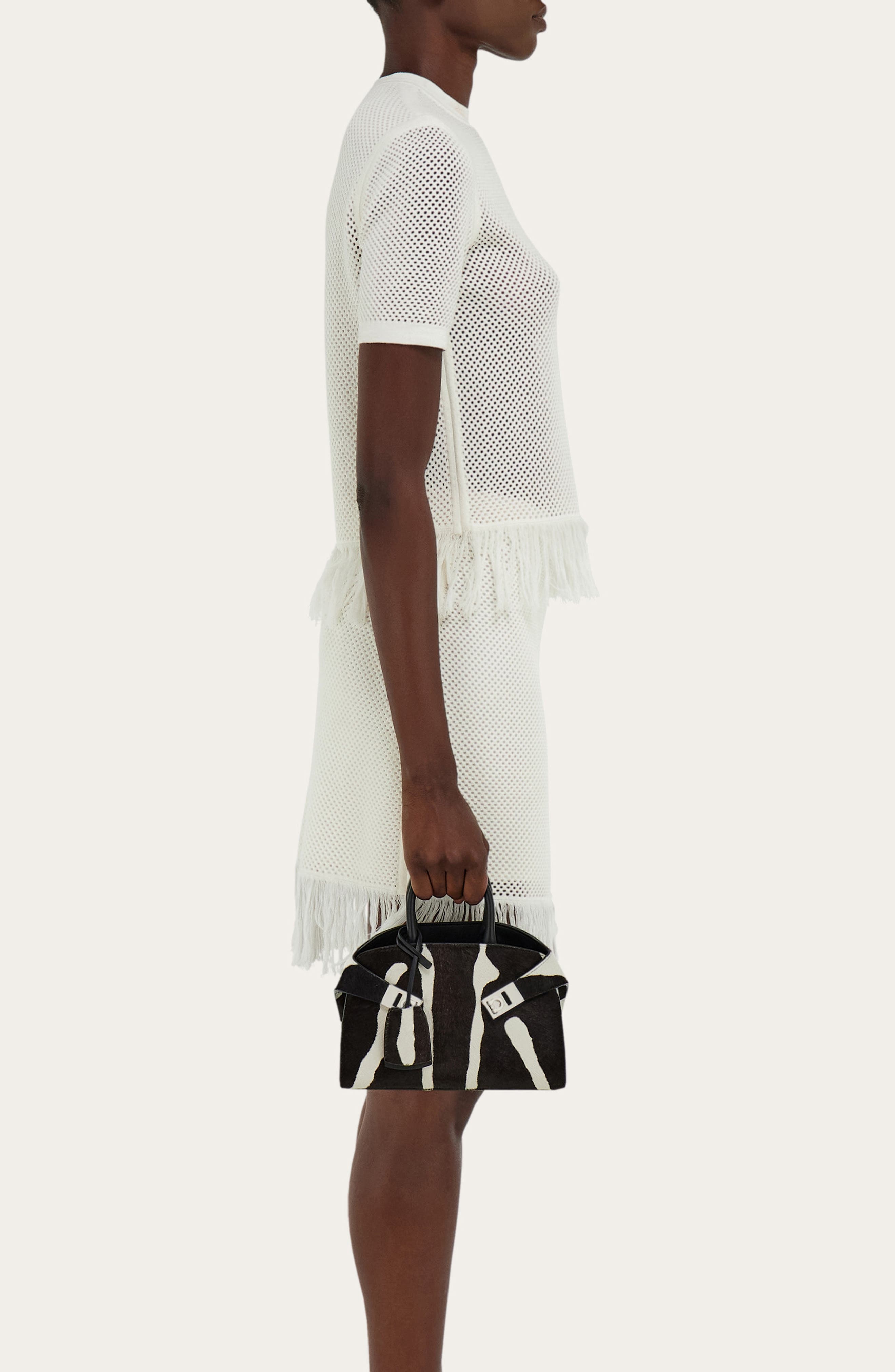 FERRAGAMO Mini Hug Genuine Calf Hair Handheld Bag, Alternate, color, Kasba Bianco/ Nero