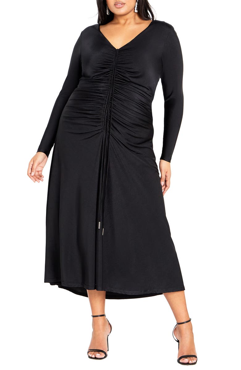 City Chic Avah Long Sleeve Ruched Dress, Main, color, Black