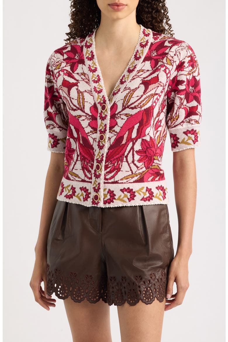 Stained Glass Print Button-Up Cardigan, Main, color, STAINED GLASS RED