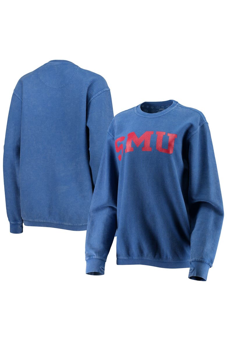 Women's Pressbox Royal SMU Mustangs Comfy Cord Vintage Wash Basic Arch Pullover Sweatshirt, Main, color, Royal