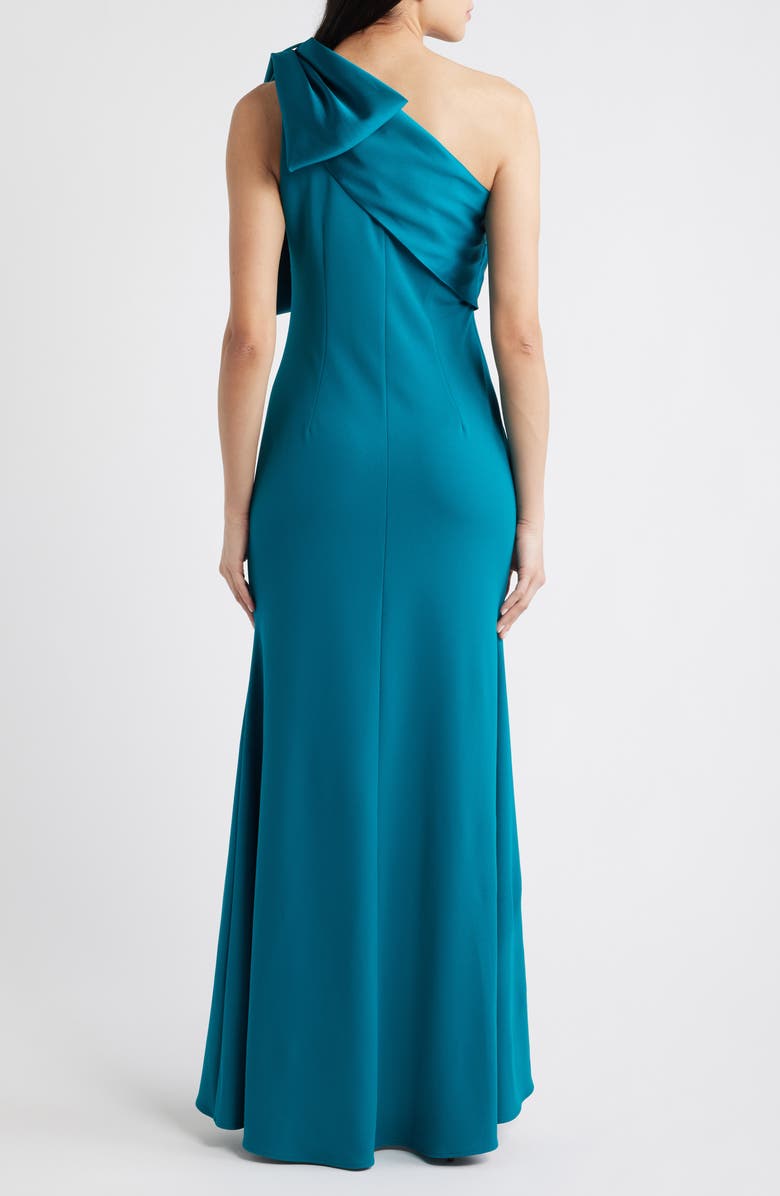 Betsy & Adam Bow One-Shoulder Crepe Mermaid Gown, Alternate, color, Teal