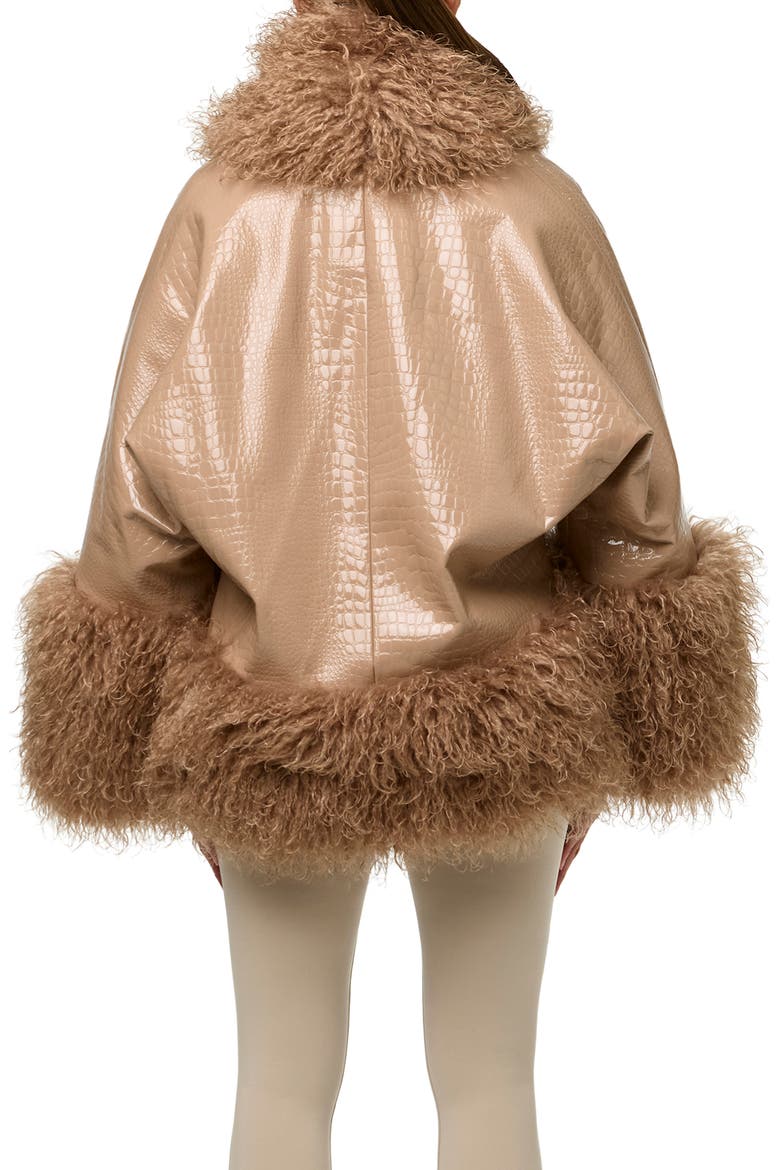 Croc Embossed Faux Leather & Faux Fur Cocoon Coat, Alternate, color, BISCOTTI