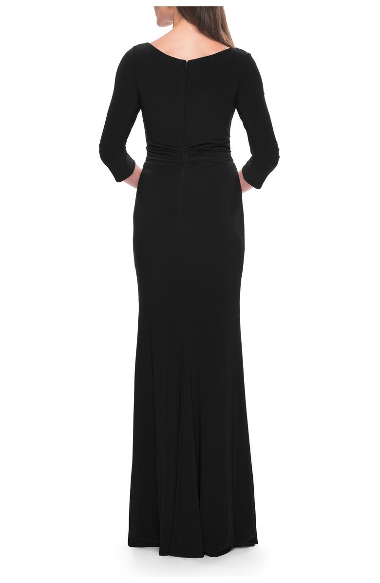 La Femme Three Quarter Sleeve Jersey Evening Dress with Ruffle Detail, Alternate, color, Black