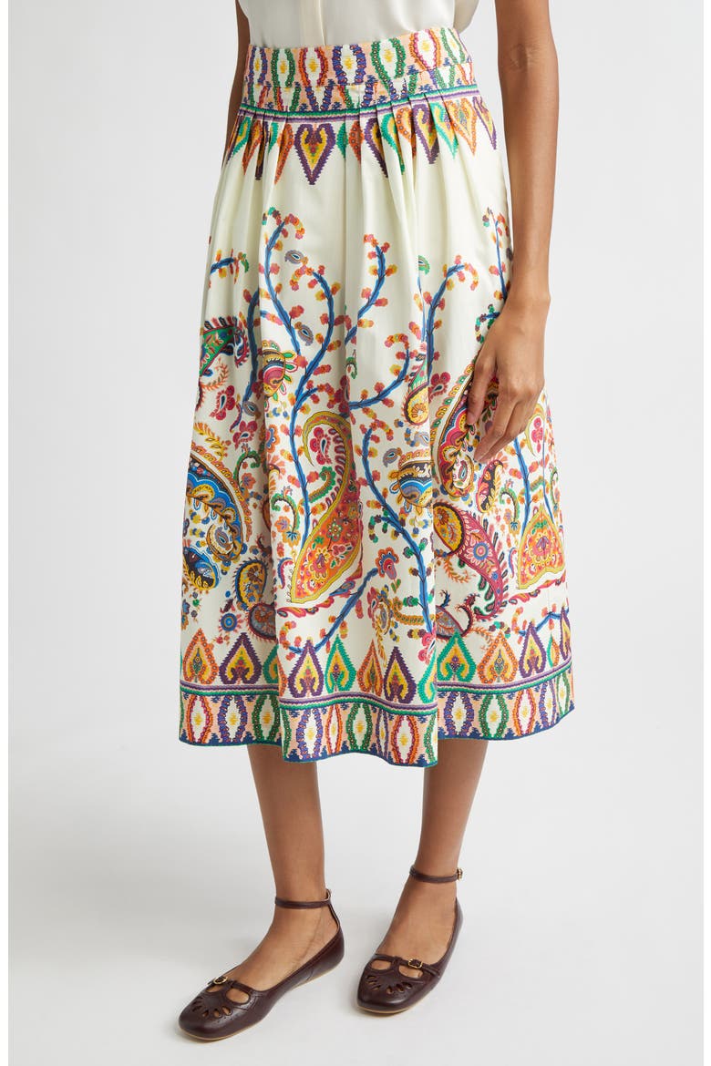 Floral Paisley Pleated Cotton Voile Midi Skirt, Main, color, PRINT ON WHITE BASE
