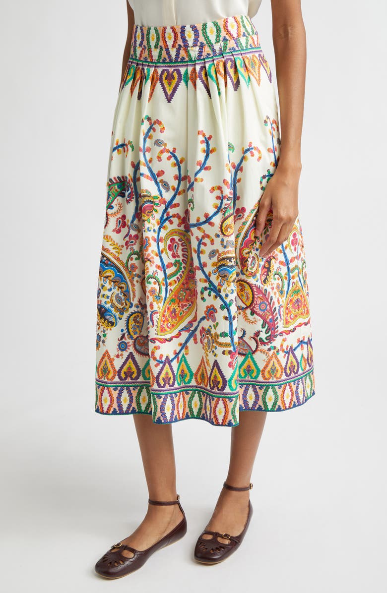 Etro Floral Paisley Pleated Cotton Voile Midi Skirt, Main, color, Print On White Base