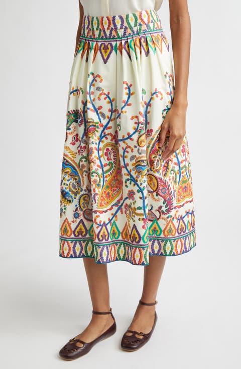Floral Paisley Pleated Cotton Voile Midi Skirt