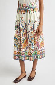 Etro Floral Paisley Pleated Cotton Voile Midi Skirt