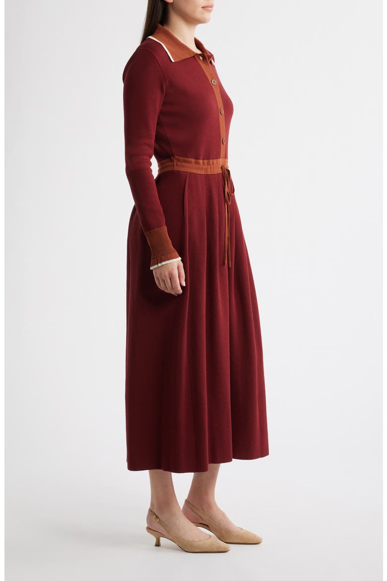 Tipped Long Sleeve Drawstring Waist Sweater Dress, Alternate, color, WINE/ CAMEL