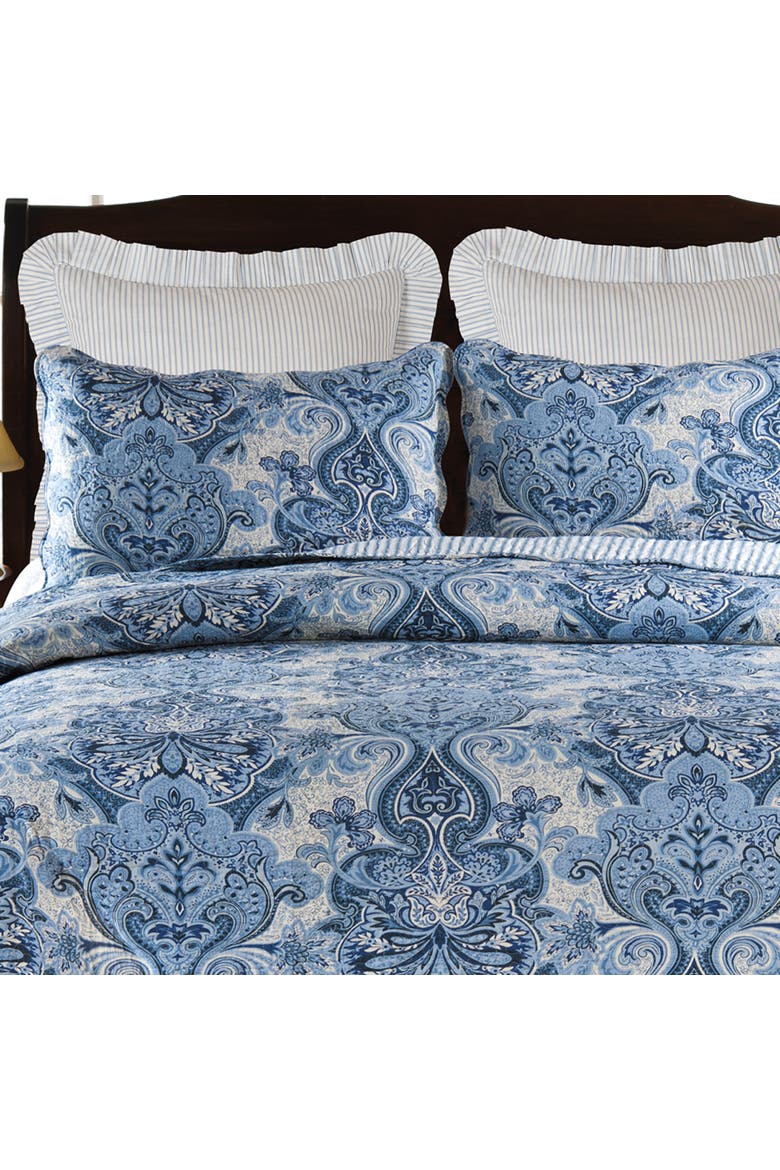Navy Damask Floral Vintage Bed Quilt - Machine Washable Reversible, Alternate, color, Blue