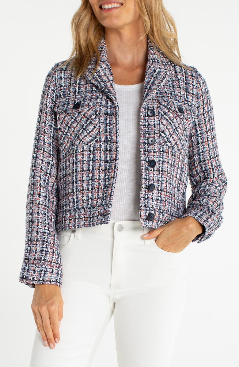Liverpool Los Angeles Tweed Crop Jacket, Main, color, Navy/ Multi Plaid