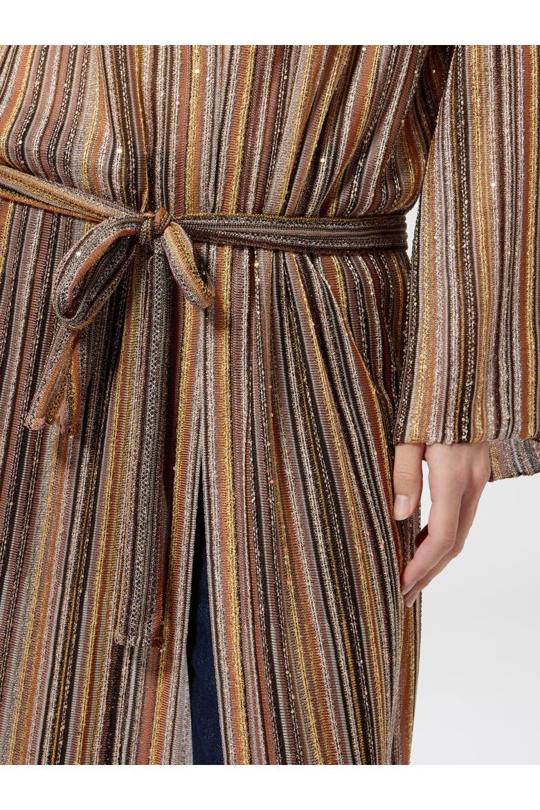 Long Cardigan In Ribbed Viscose Lamé With Belt, Alternate, color, Gold& Beige