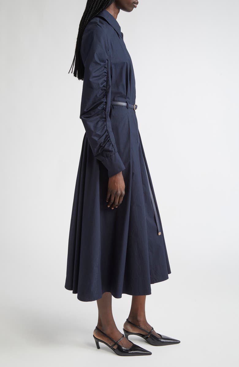 Max Mara Studio Valdese Ruched Long Sleeve Cotton Shirtdress, Alternate, color, Navy