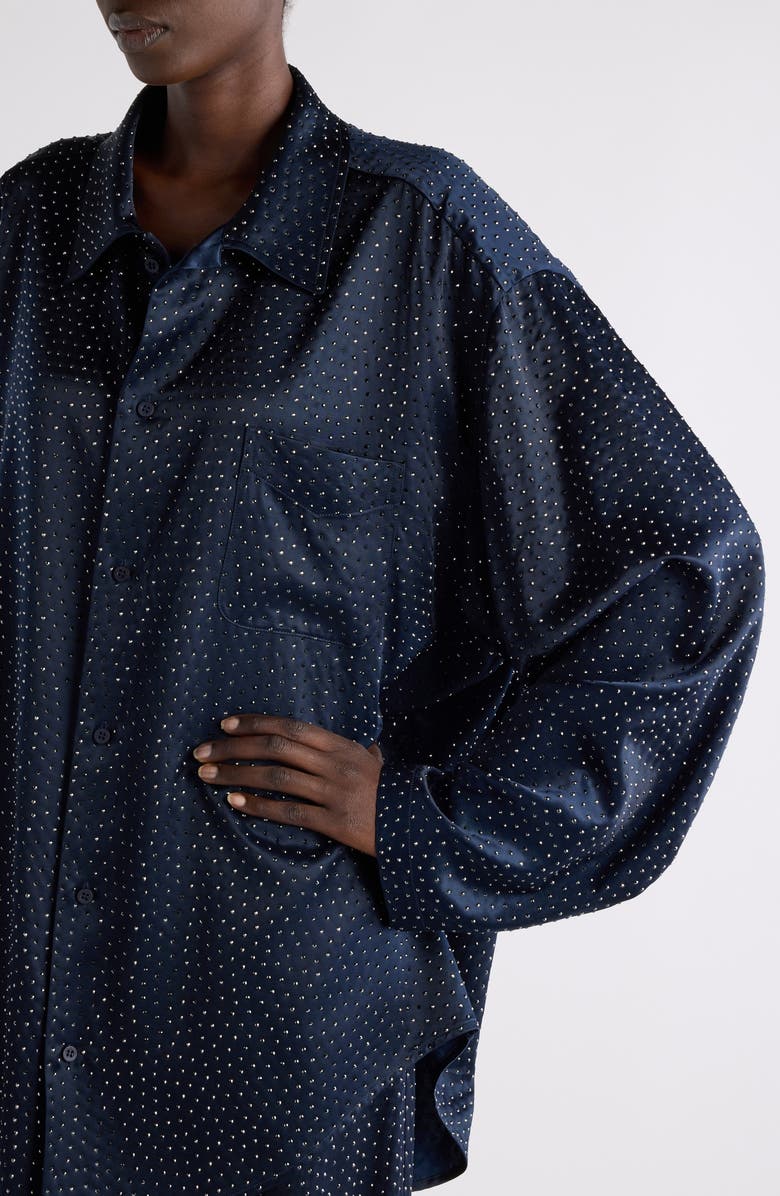 Balenciaga Crystal Embellished Oversize Satin Button-Up Shirt, Alternate, color, 